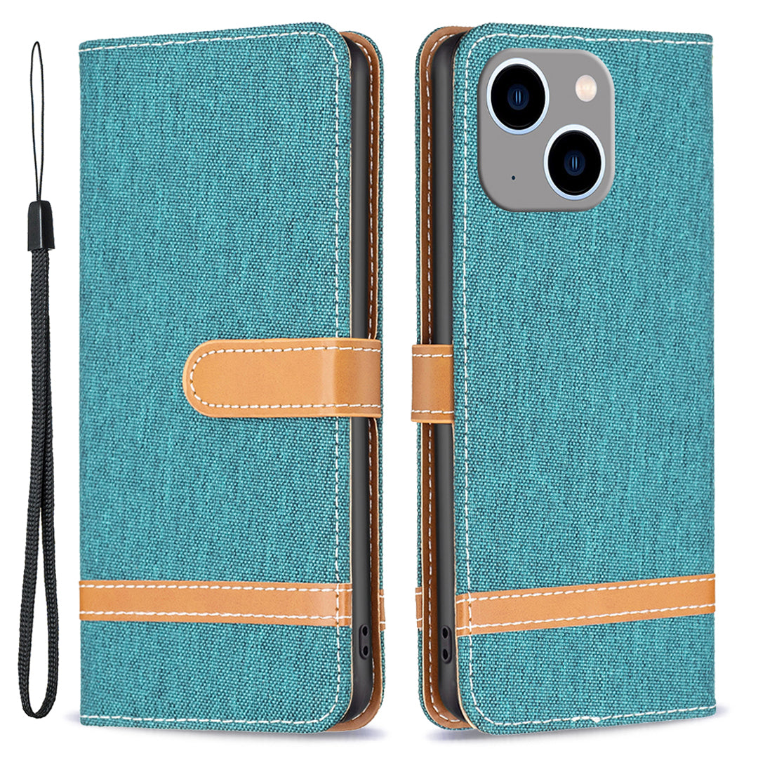 Uniqkart for iPhone 15 Plus PU Leather + TPU Phone Case Jeans Cloth Splicing Wallet Stand Anti-scratch Cover - Green Uniqkart for iPhone 15 Plus PU Leather + TPU Phone Case Jeans Cloth Splicing Wallet Stand Anti-scratch Cover - Green